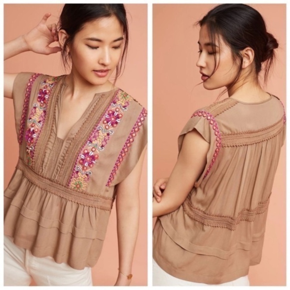 Blank London Anthropologie Sedona Blouse in Mocha Brown Size XS boho